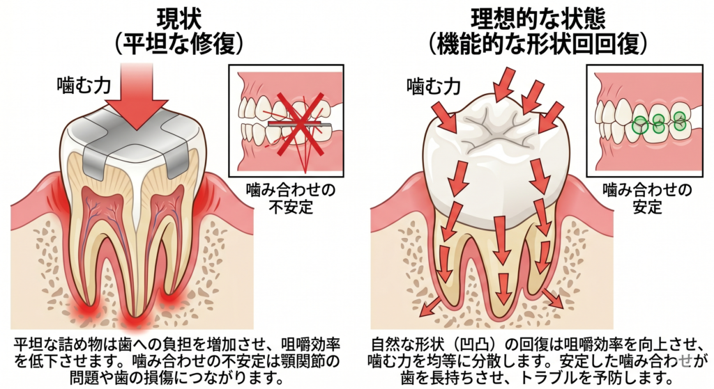 奥歯の詰め物の形が、歯の寿命や噛み合わせにどのような影響を与えるかを比較したものです。